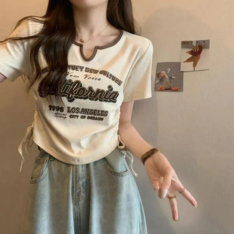 드로스트링 Y2k 여성용 레터 오픈 배꼽 탑, 미국 레트로 반팔, 한국 패턴, 슬림핏, 여름 티셔츠