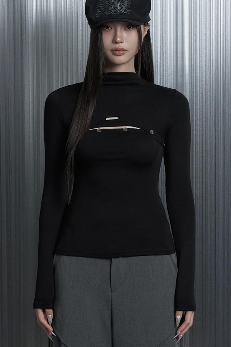 On-Off Button Split Long Sleeve Tee (Black)