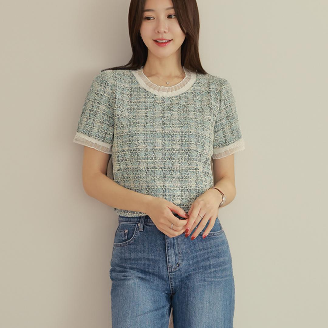 린밀배색 트위드블라우스