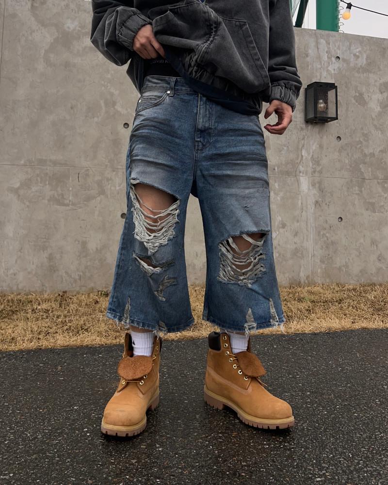 더티 디스트로이드 데님 버뮤다팬츠