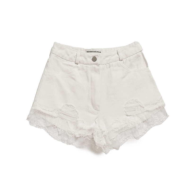 [SCHISMINDUCING] REPAIRED LACE SHORTS_WHITE