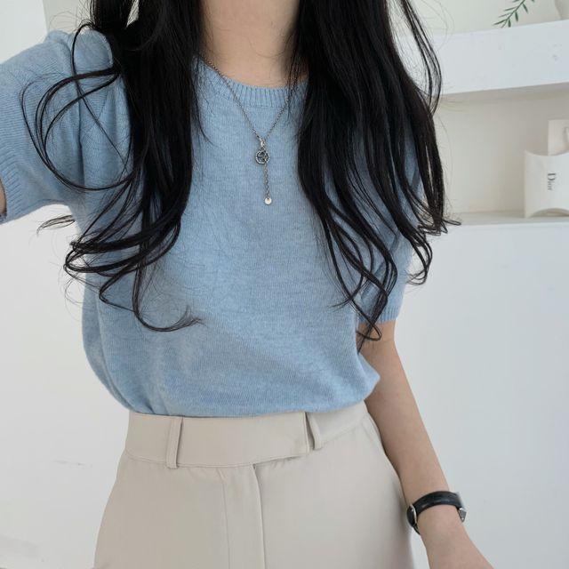 [특가,18col]부드러운 캐시 라운드넥 니트반팔_인더모어