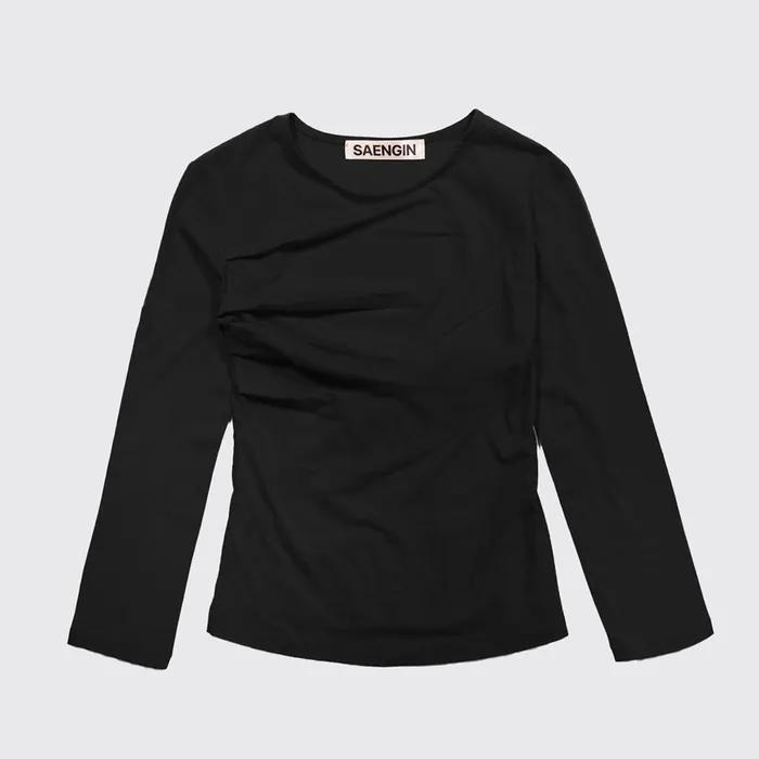 SHIRRING DETAIL  ELBOW-LENGTH SLEEVE - BLACK (COTTON)