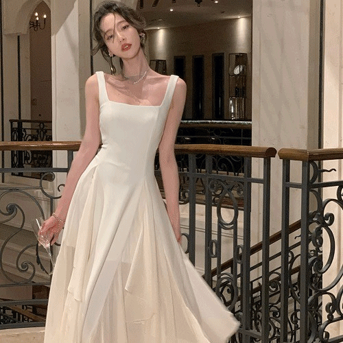 [당일출고] 안쵸 여름 브라이덜샤워원피스 화이트 휴양지 비치 스퀘어넥 새틴 결혼식 피로연 나시 롱원피스 르뚜앙