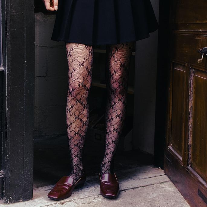 Flower Jacquard Lace Stocking Black