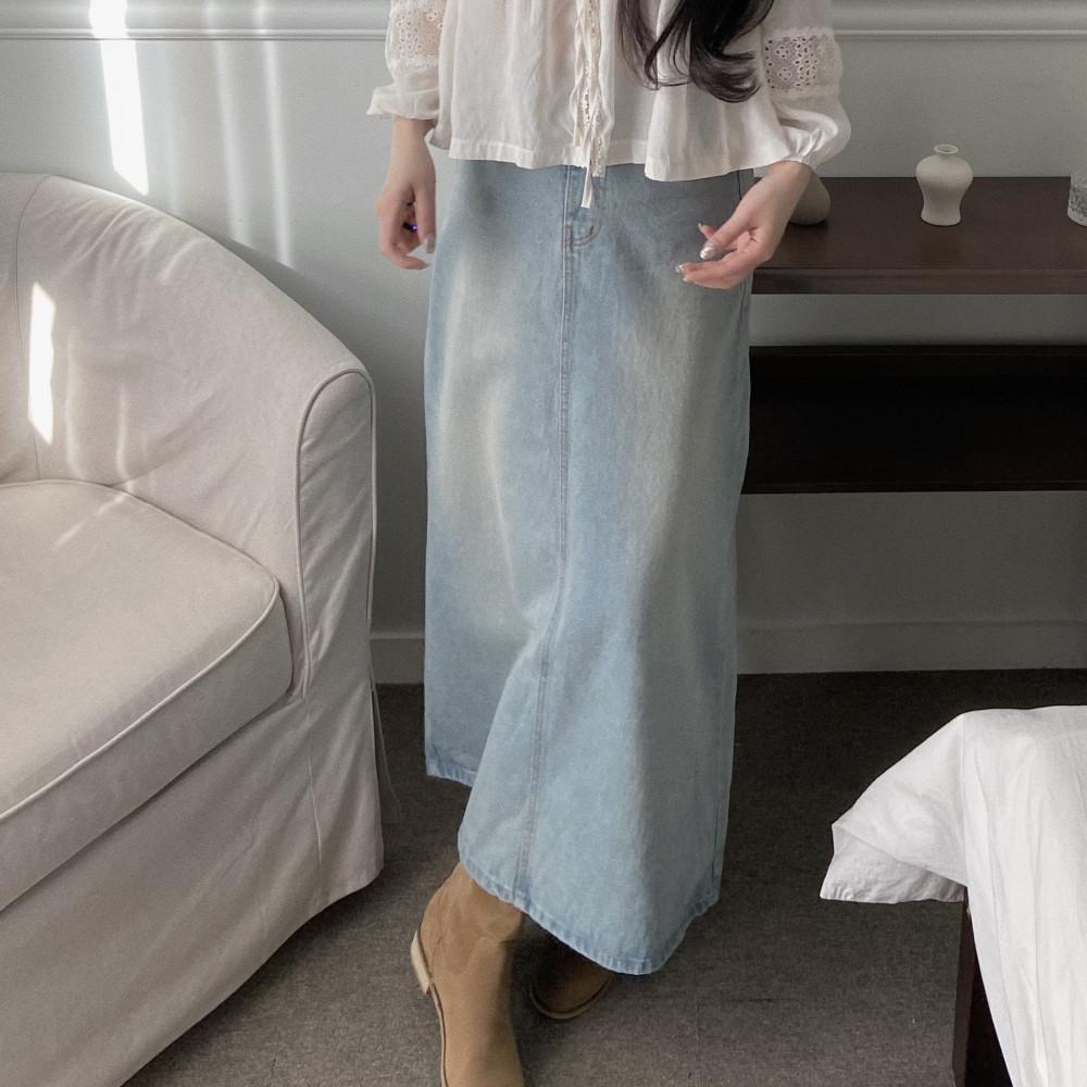 하이웨스트 워싱 청 데님 롱 스커트