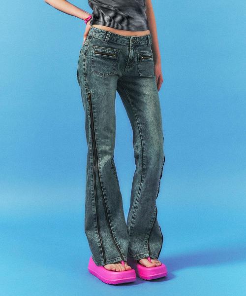 ZIPPER FLARED JEANS BLUE