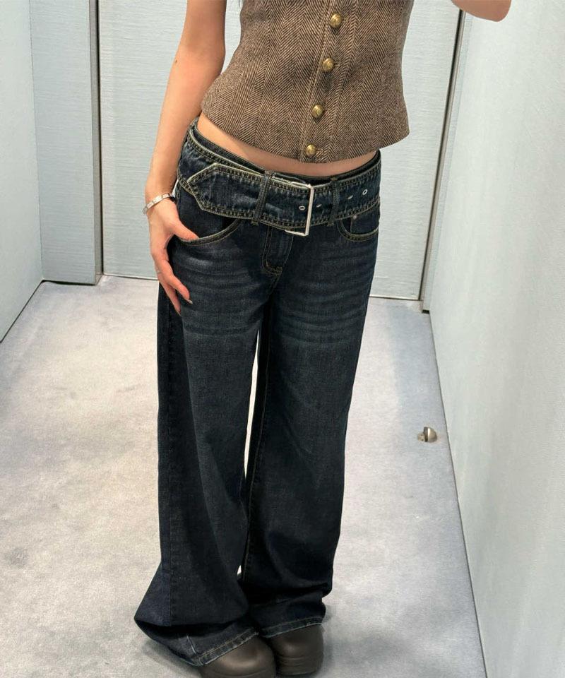 로우 벨티드 스트레이트 데님팬츠