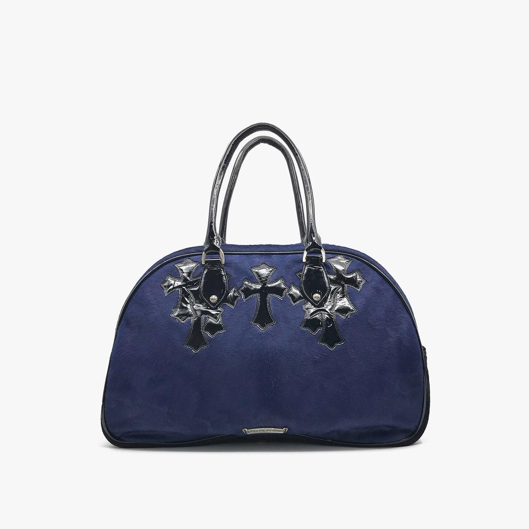 Chrome Hearts Miami Exclusive Horse Fur Leather Cross Logo Navy Large Gym Bag