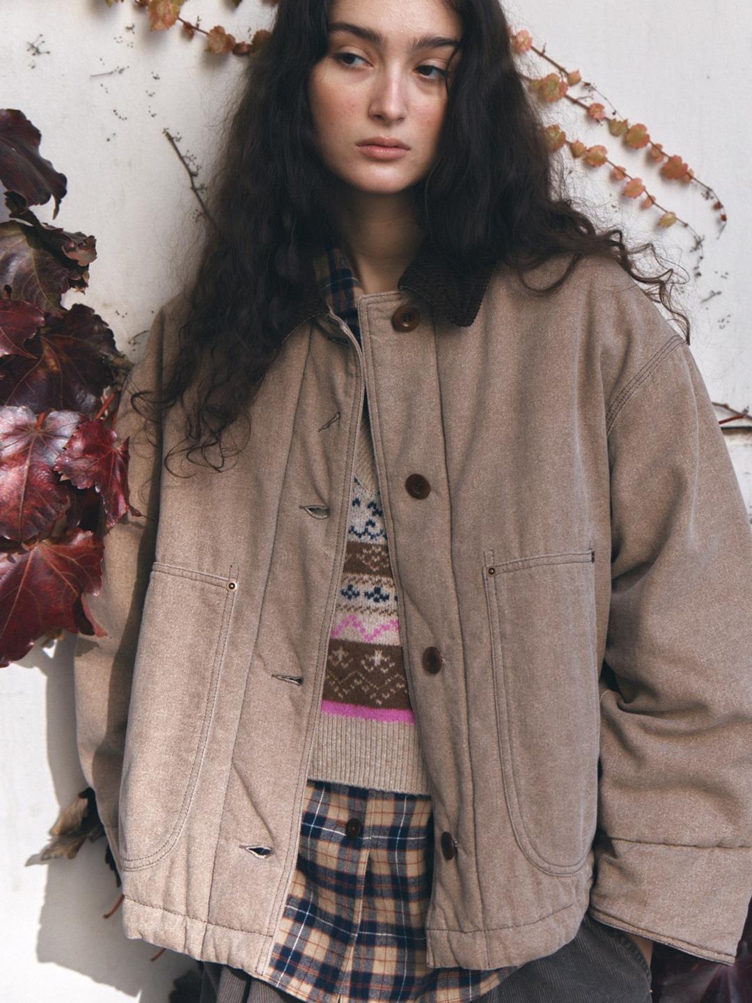 Women Corduroy Collar Work Jacket - Beige