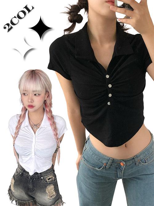 Glam Shirring Round Tee. (2col)