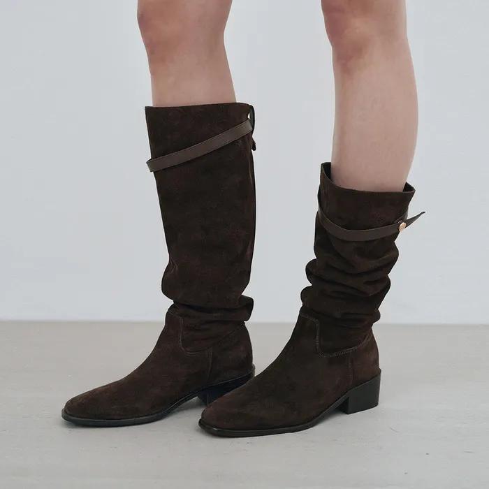 버클 스트랩 카우 레더 스웨이드 셔링 롱 부츠 MDAC045_2 Colors