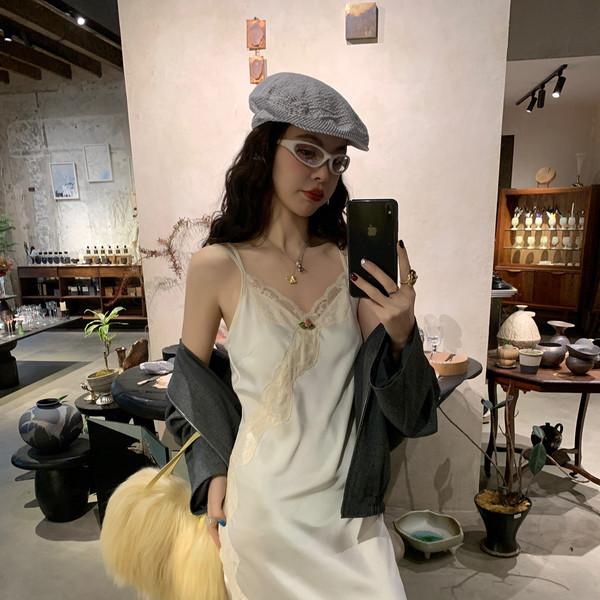 LRIB French Romantic Lace Glossy Satin Strap Dress