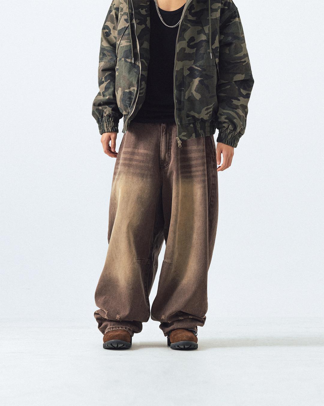 Dart Damage Denim Balloon Pants - Brown