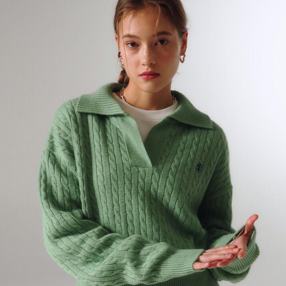 CASHMERE TWISTED COLLARED KNIT GREEN