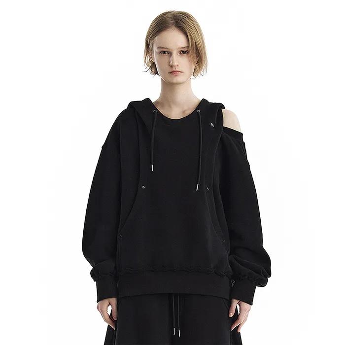 TMB One-Shoulder Raw Cut Set-Up Hoodie [ Black ]