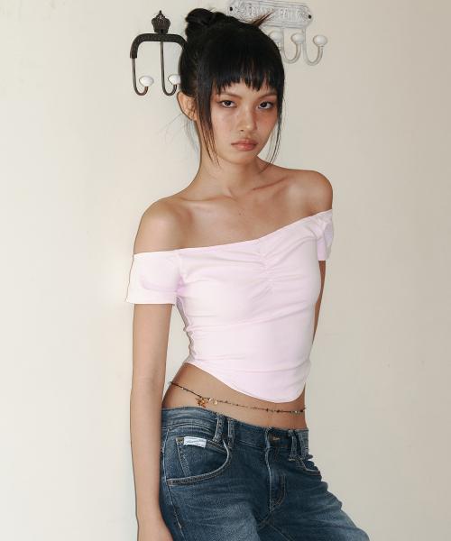 Abel Shirring Off-shoulder Top (Baby Pink)