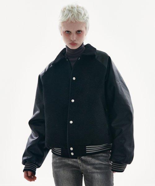 레글런 오버핏 배색 버튼 바시티 자켓 점퍼 [블랙]