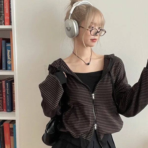 스트릿 오버핏 스트라이프 투웨이 후드집업(2Color)