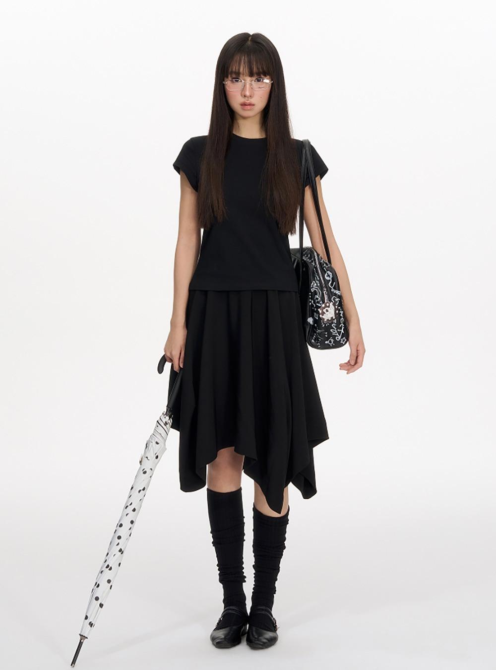 Unbalanced Pleated A-Line Midi Skirt