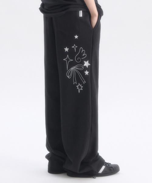 Angel And Ribbon 자수 핀턱 2-Way 와이드 트레이닝 스웨트 팬츠 AP1002 (블랙)