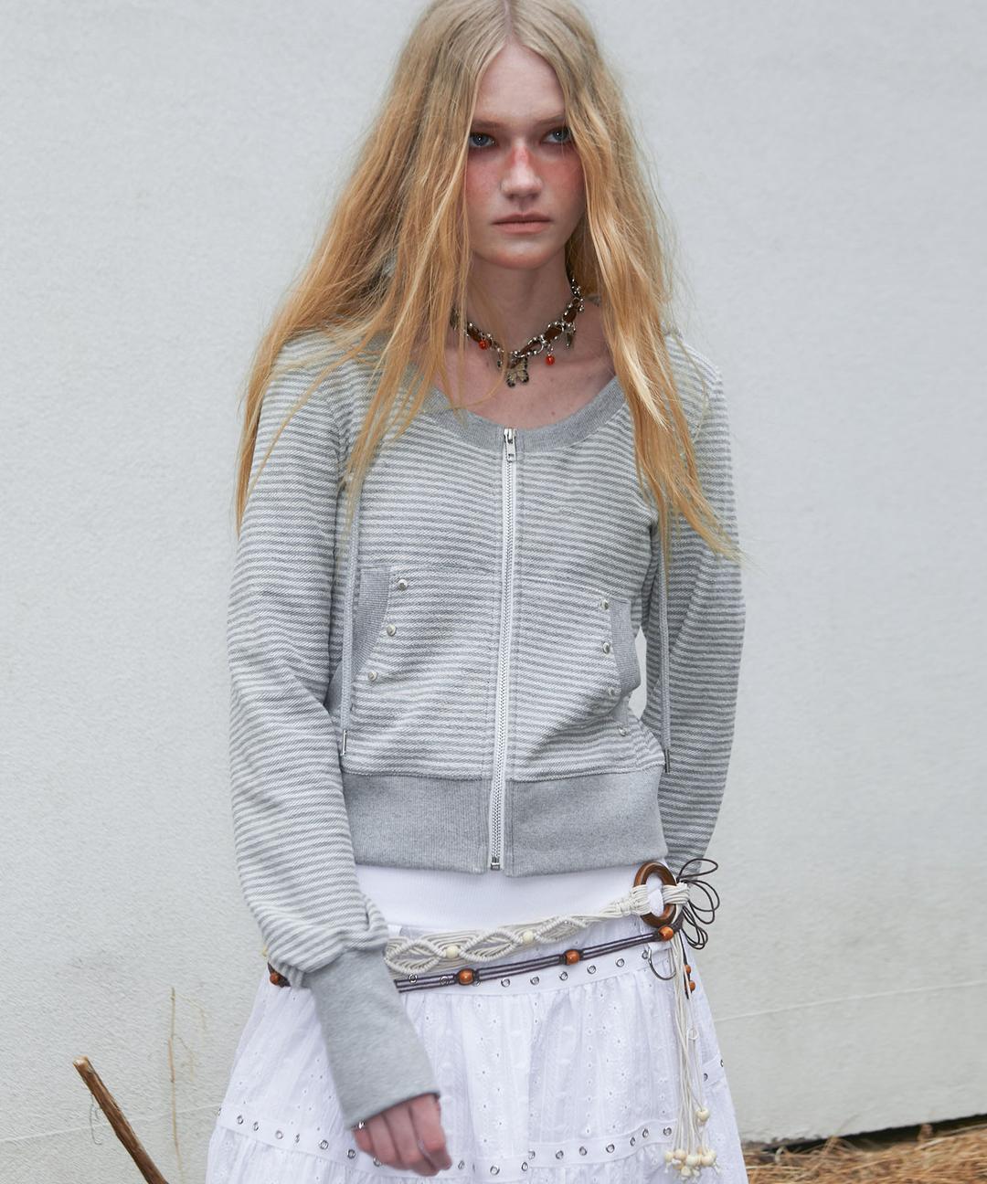 U Neck Stripe Hood Zip Up (MELANGE GREY)