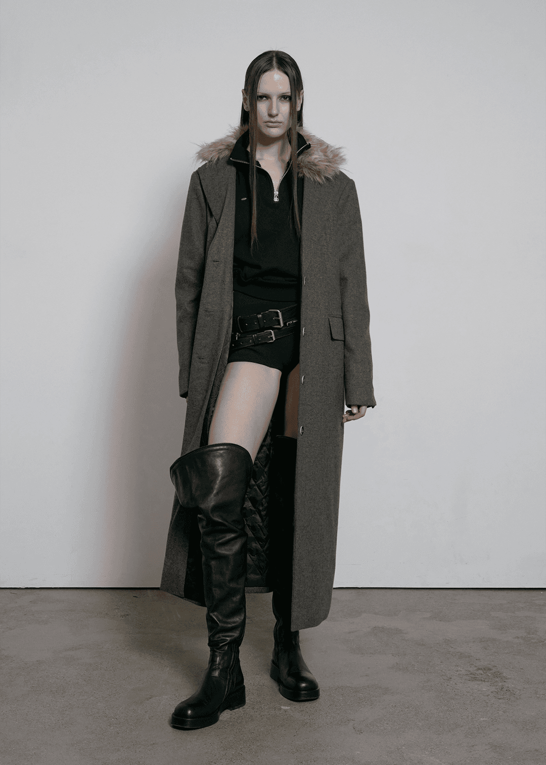 FUR COLLAR 2WAY WOOL MAXI COAT, ASH BROWN
