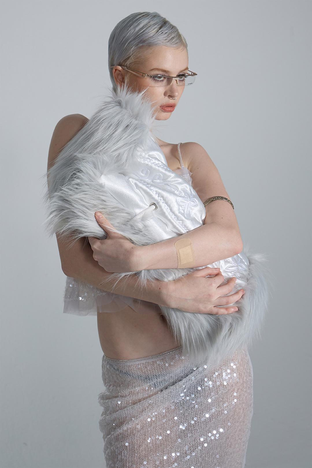 Fluffy Slouchy Satin Bag White/Ice Gray