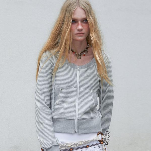 U Neck Stripe Hood Zip Up (MELANGE GREY)