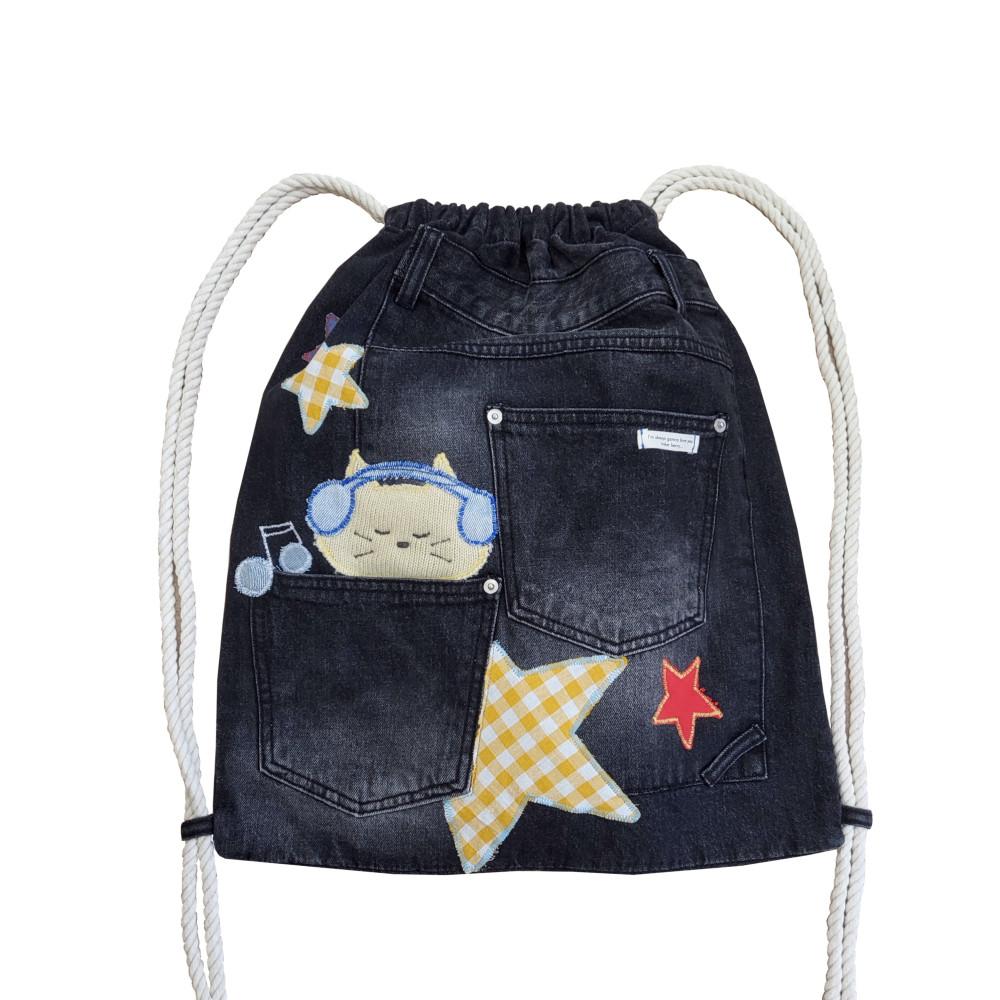(또별 2차) 흑청 스트링 백팩 패치워크 업사이클링 데님 빈티지 데일리 구제