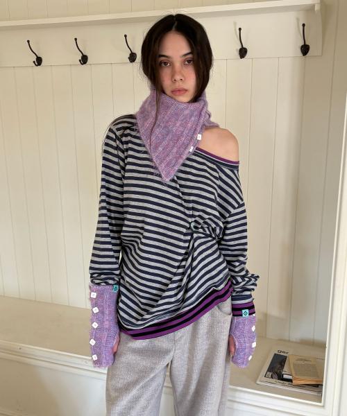 BUTTON STRIPE RAW EDGE T-SHIRT / grey