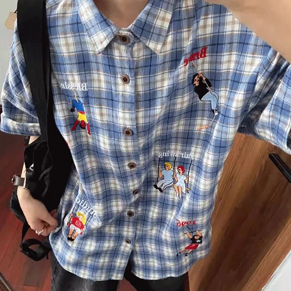 [오늘출발/유니크/힙무드] 네브 자수 체크 반팔 셔츠