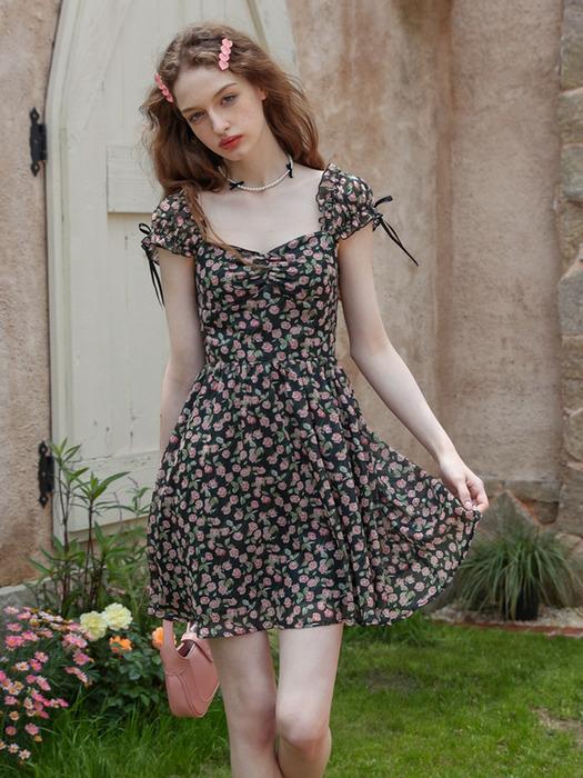 Cest_Black floral square neck dress