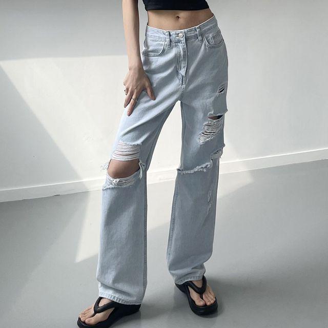 [여름 청바지/찢청] 와이드 핏 워싱 디스트로이드 연청 데님 팬츠 [DMDP-1072]