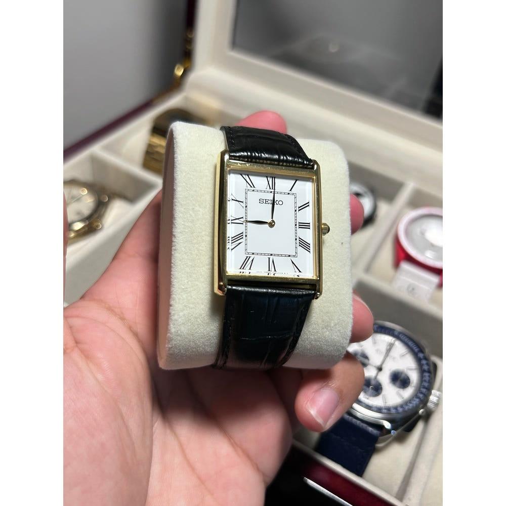 세이코 탱크 세르띠에 SWR052 에센셜 쿼츠 남녀공용 가죽 사각 시계