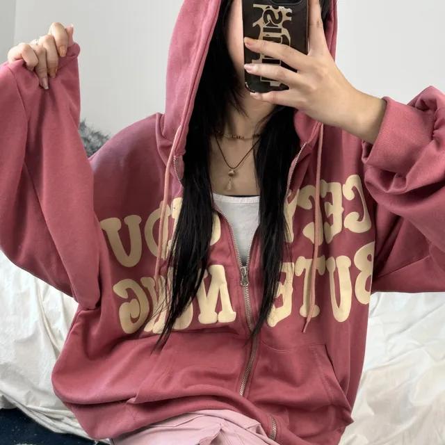 [4-6일 여유주문]키치 체리 하이틴 프린팅 루즈 후드 집업(gray,pink)