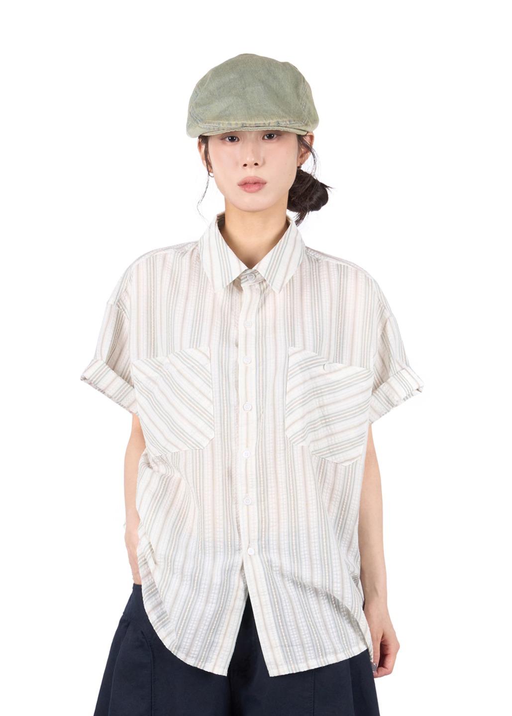 [reets] SEERSUCKER STRIPE HALF SHIRT