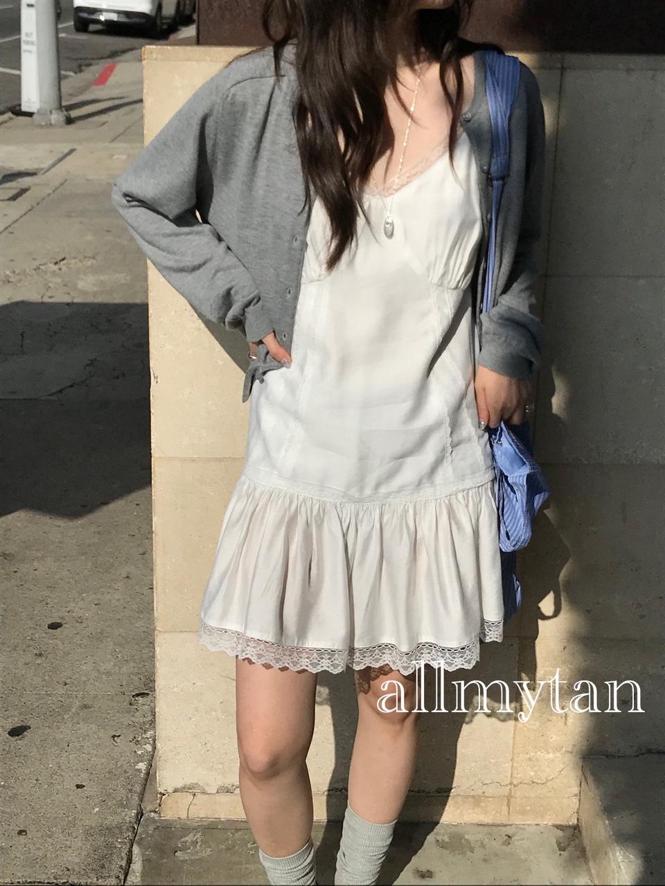 올마이탄 베르가못 코어 원피스 끈나시 레이스 v넥 셔링 미니 ops (2col)