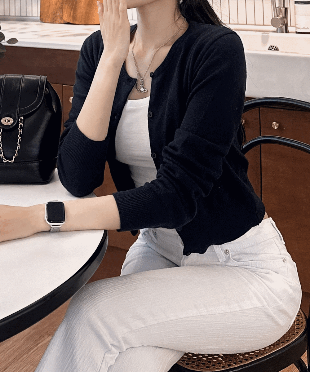 캐시미어 울 라운드넥 세미 크롭 베이직 긴팔 가디건 -5color