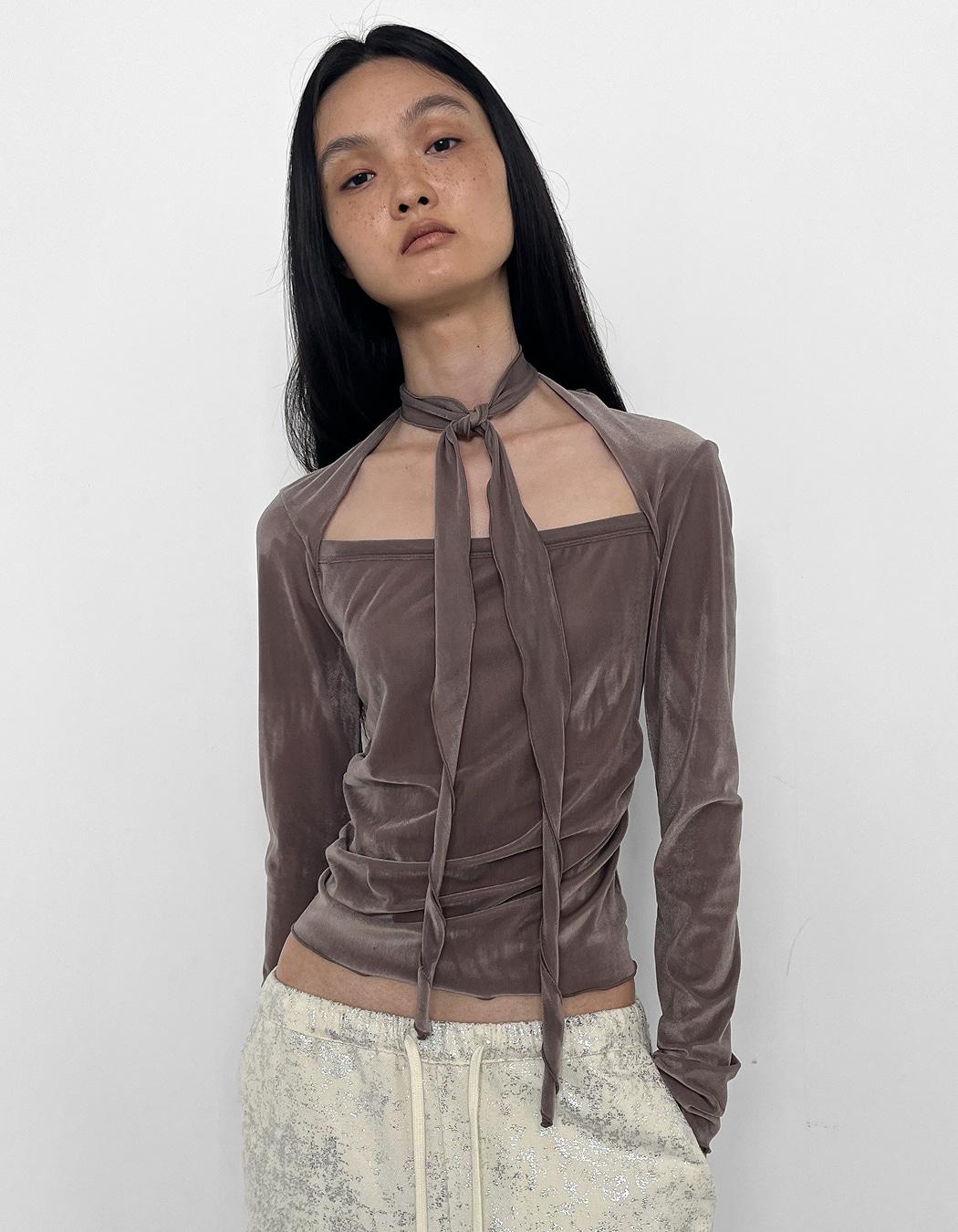 VELVET SCARF SHIRRING BLOUSE, TAUPE