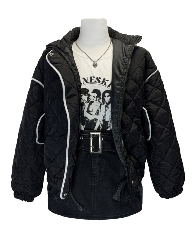 퀄팅 누빔 크롭 화이트 라인 블랙 패딩 점퍼