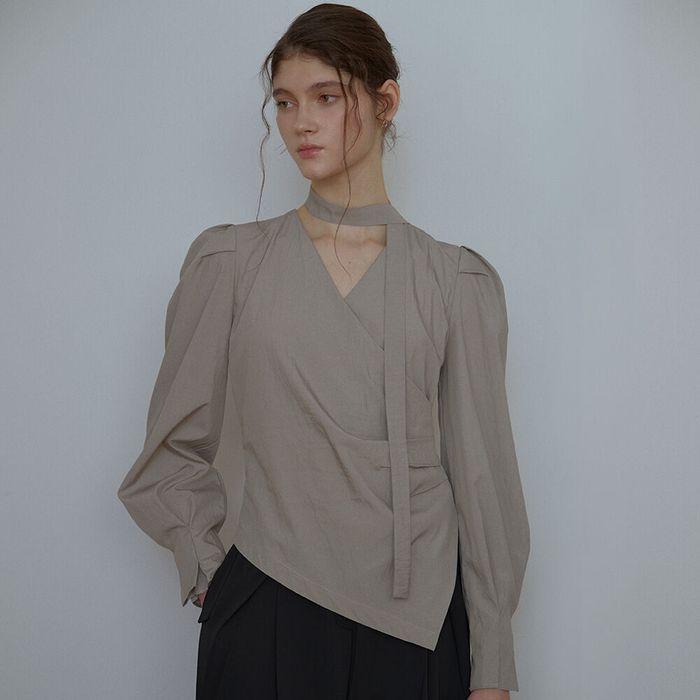 Puff Wrap Tie Blouse [Gray]
