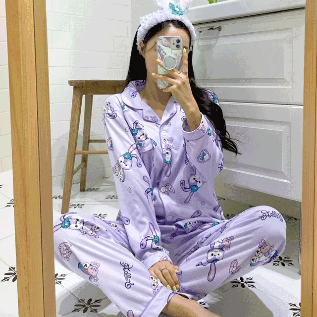 [1+1 할인] 곰친구 토끼 파자마 세트/잠옷세트/홈웨어/스마일/토끼/곰돌이/스타캐럿/캐릭터잠옷/긴팔잠옷/신상/가을 겨울 보라 퍼플  토끼 머리띠 머리핀 인형 선물추천 파