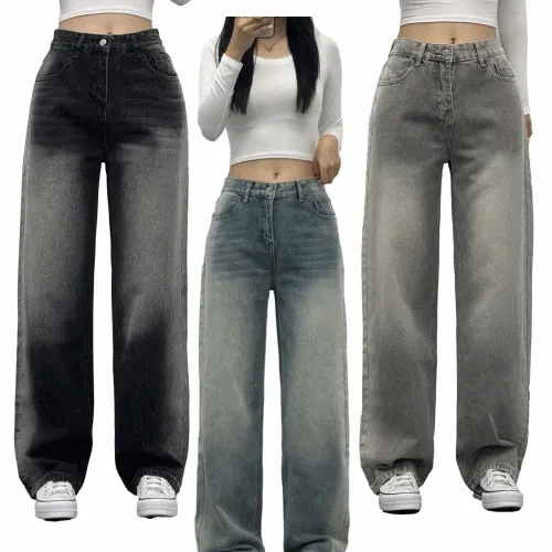 [리뷰보장!/빈티지워싱/리뷰극찬] 트렌디 스톤 빈티지 워싱 하이웨스트 데님 와이드팬츠 일자팬츠 흑청 그레이 중청 사계절청바지