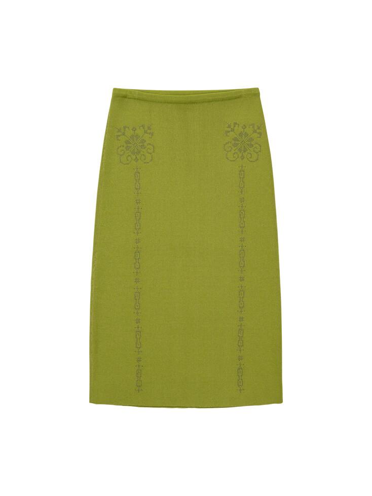 Embroidered Knit Midi Skirt Leaf Green