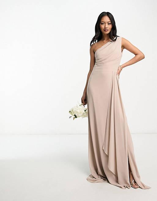 TFNC Bridesmaid chiffon one shoulder drape maxi dress in mink