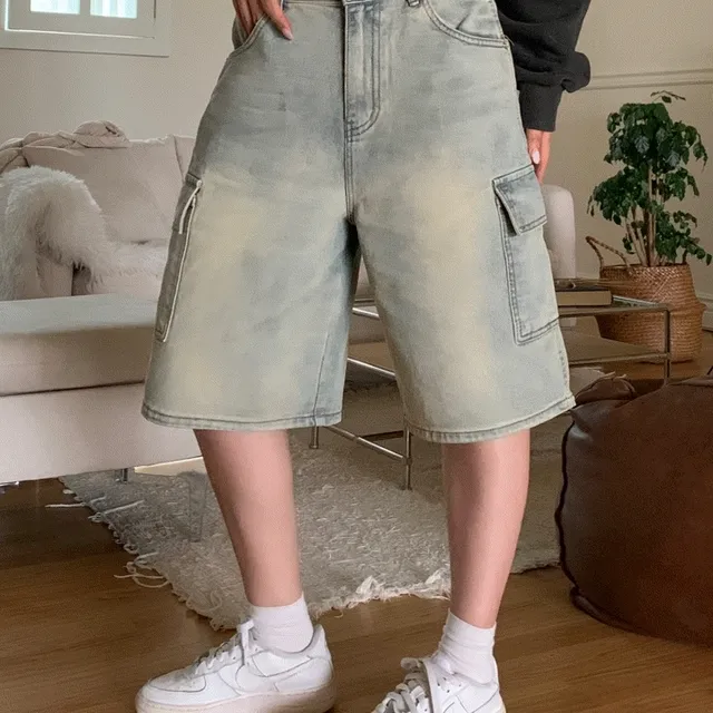 denim cargo bermuda 데님 카고 버뮤다 팬츠 y2k 카고바지 카고반바지 7부 워싱진 그라데이션 연청 청바지 팬츠 바지 유니크 빈티지