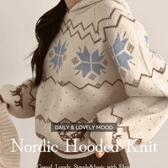 왕도톰/귀여움🦌] 연말 크리스마스 노르딕 빈티지 후드 꽃사슴 니트후드 - 3color