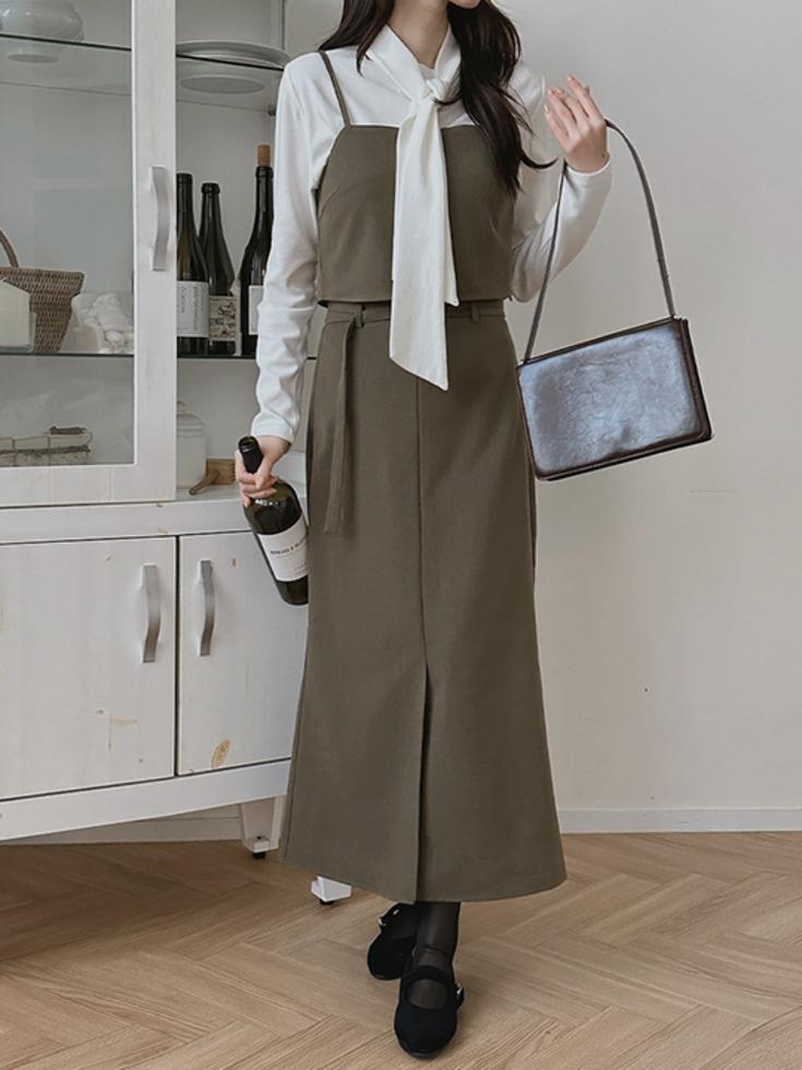 [4천장 돌파✨][무료배송][일반/기모][슬림실루엣/세련미뿜뿜] [44-120] 이네티브 뷔스티에 벨트 뒷밴딩 머메이드 투피스 세트 (끈조절) (신상-가을-하객룩-출근룩-데일리-빅사이즈-120사이즈-자체제작-셋업-크롭-격식룩)