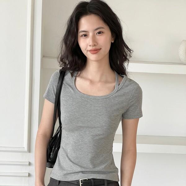 Strap Collar Slimming T-shirt